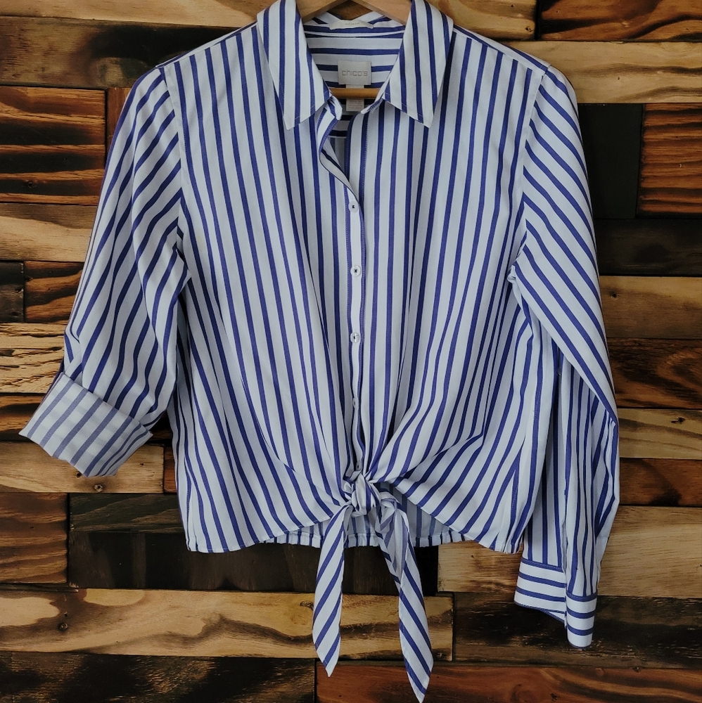 Chicos No Iron size 1 purple & white stripped button up